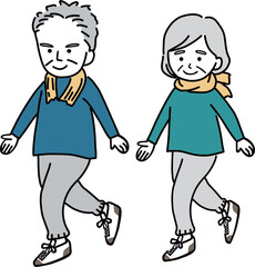 首にタオルを巻き腕を振ってウォーキングをするシニアの男性と女性