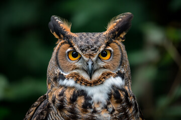 Intense close-up of a Great Horned Owl, hypnotic eyes and sharp beak, perfect for nature and wildlife themes.