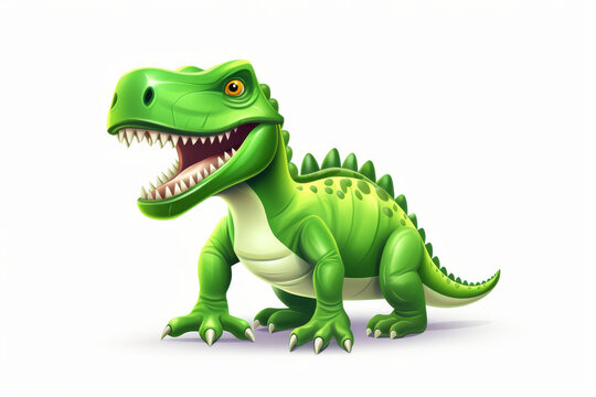 This illustration depicts a friendly green T-Rex with a wide grin, giving off a charming and harmless vibe