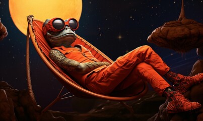 AI generated illustration of a lizard wearing a red outfit, resting in a hammock - obrazy, fototapety, plakaty
