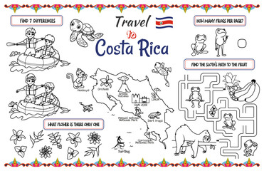 A fun placemat for kids. Printable to “Travel to Costa Rica” activity sheet with a labyrinth, find the differences and find the same ones. 17x11 inch printable vector file