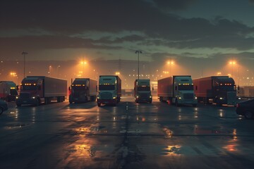 Row of semi trucks parked with automotive parking lights on asphalt at night
