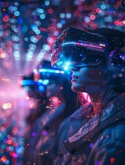 Design a visually captivating scene with individuals wearing futuristic headsets, experiencing an augmented reality landscape that enhances their senses show dynamic visuals 