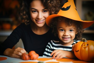 AI generated illustration of a mother with her child sitting at a table with Halloween pumpkins - obrazy, fototapety, plakaty