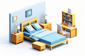 An inviting isometric bedroom showcasing a comfortable bed, a study area, and stylish blue accents
