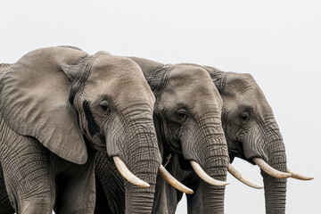 Trio of elephants in unity, a display of wildlife solidarity and strength, against a serene sky backdrop.