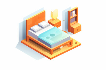 A minimalist bedroom design in isometric view, with warm bedding and simplistic decor