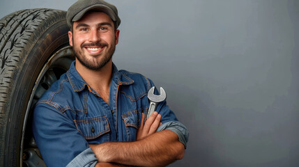 A man in a blue shirt is holding a wrench and smiling