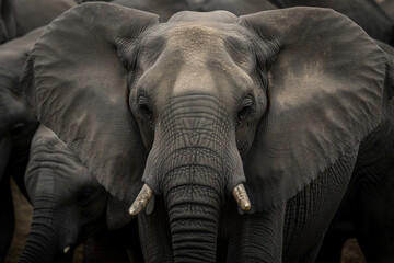 Soulful elephant portrait with symmetrical ears, a vision of wildlife nobility, ideal for...