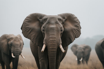 Fototapeta na wymiar Majestic elephant with flared ears in misty savannah, a powerful wildlife scene. Perfect for nature and conservation themes.