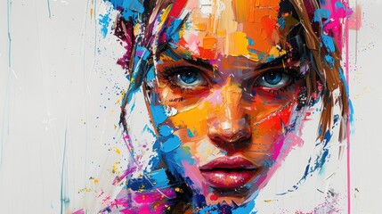 A woman's face is painted in a colorful and abstract style