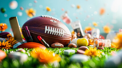 American football on grass with autumn leaves, flowers, and game-related items, suggesting a vibrant fall season football theme. - obrazy, fototapety, plakaty