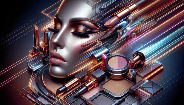 AI generated illustration of a dynamic background featuring a glamorous face with makeup