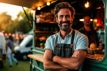 Fototapeta premium A friendly man in casual attire with crossed arms in front of a food stand, exemplifying a relaxed business atmosphere