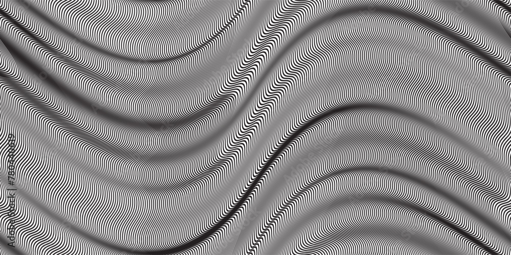 Poster moire seamless pattern with folds imitation. optical effect of surreal psychedelic texture. black an