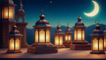 Obraz premium Ramadan Kareem, Lantern, Postcard: Illuminated lantern at dusk during Ramadan signifies tradition.
