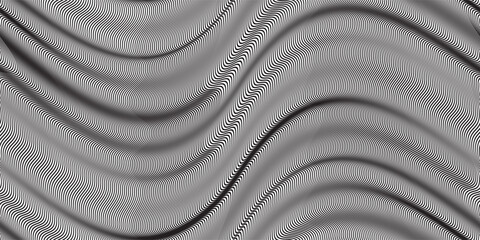 Moire seamless pattern with folds imitation. Optical effect of surreal psychedelic texture. Black and white abstract bg with waves. Simple pattern with lines