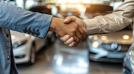 Two men shake hands in front of a car - Powered by Adobe