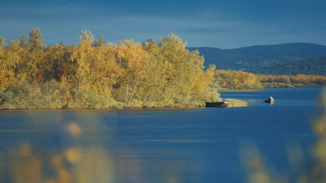 The tranquil landscape of autumn tundra.  Yellowing forest stands on the bank of the slow-flowing river. Mountians tower in the background. Parallax video.