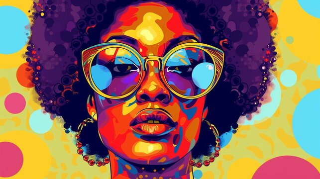 AI generated illustration of a vibrant pop art portrait from the '70s era with bold colors