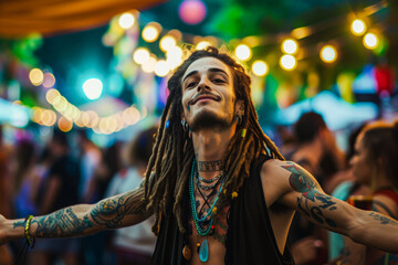 A man with dreadlocks is immersed in the festive atmosphere of a music festival