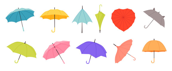 Closed and open vector umbrellas set, rain protection, vector cartoon illustration isolated on white background