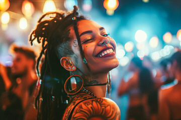 Tattooed individual enjoying the ambience at a vibrant music festival event