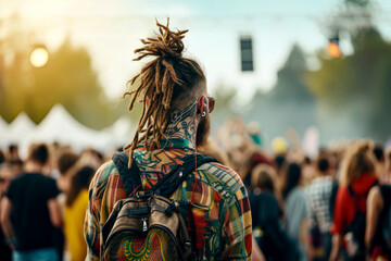 Obraz premium A stylish man with dreadlocks is viewing a stage at an outdoor festival, capturing the essence of youth and music culture