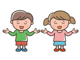 やれやれと呆れる男の子と女の子の全身イラスト（小学生、幼児、子供）