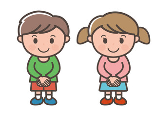 手を前で重ねる男の子と女の子の全身イラスト（小学生、幼児、子供）