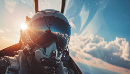 Fighter pilot portrait with helmet inside plane.