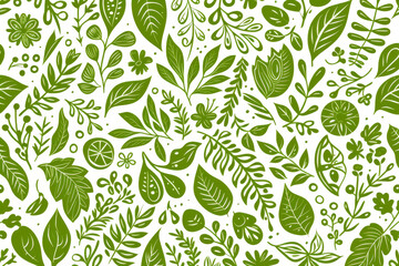 An elegant and seamless pattern of lush green leaves and botanical elements creating a refreshing look