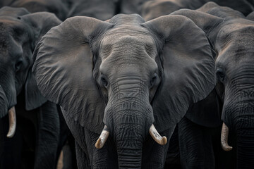 Majestic African elephant with tusks, facing forward in a herd, a symbol of wildlife and nature conservation.