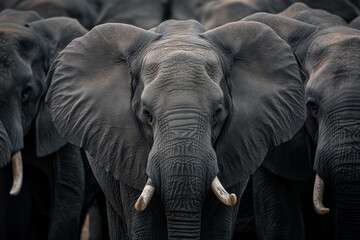 Obraz premium Majestic African elephant with tusks, facing forward in a herd, a symbol of wildlife and nature conservation.