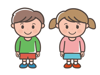 笑顔で正面を向いて立つ男の子と女の子の全身イラスト（小学生、幼児、子供）