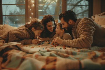 A happy family playing board games together on a rainy day, surrounded by blankets and pillows
