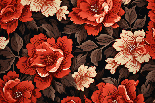 A seamless pattern showcasing rich red florals and luscious green foliage against a dark background, ideal for elegant textile designs