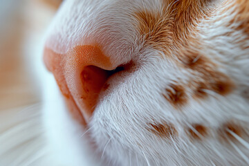 Macro shot of a cat's nose and whiskers, highlighting the texture and details, ideal for animal and pet themes.