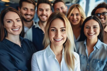 Fototapeta premium A group of professionals stands together, smiling warmly and looking directly at the viewer.