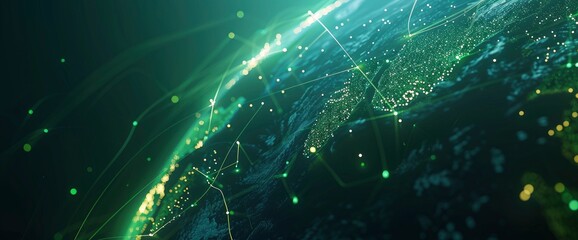 Abstract digital map of the Earth with glowing lines and dots, green on a dark blue background. Concept for a global network technology