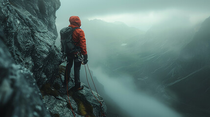Setting goals in life concept, Mountain climber heading towards top of mountain, outdoors, man in mountains, climber - obrazy, fototapety, plakaty