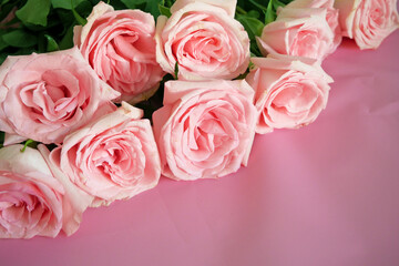 Beautiful pink roses bouquet on pink background, amazing roses, birthday, wedding, Valentine's Day, Mother's Day