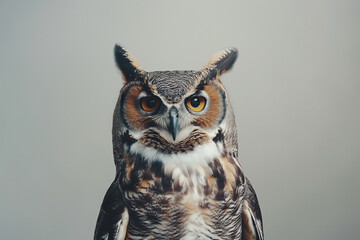 Portrait of a majestic great horned owl against a soft grey background, showcasing its striking eyes and feathers, perfect for wildlife and wisdom themes.