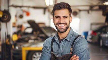 A man in a blue shirt and apron is smiling and posing for a picture in a garage