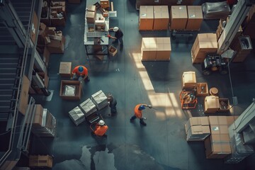 Warehouse filled with boxes and workers viewed from above