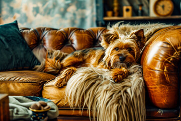 A Yorkshire terrier rests on an aged leather couch, giving off a cozy and homelike atmosphere