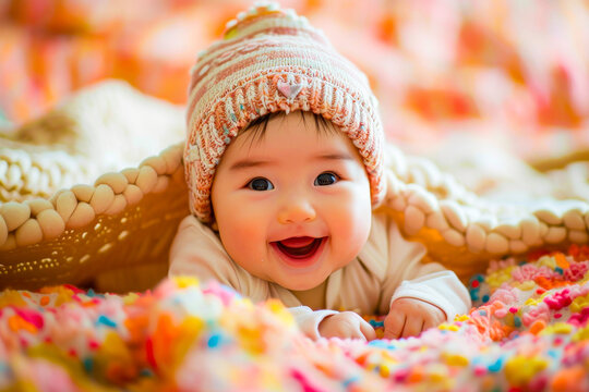 A cheerful baby in a colorful environment smiles warmly, wearing a cozy knitted hat