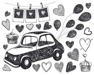 Vector doodle wedding, romantic, love illustration. Set of black and white elements, retro card, air balloons, hearts, cakes, pictures, Save the date graphic - 780442628