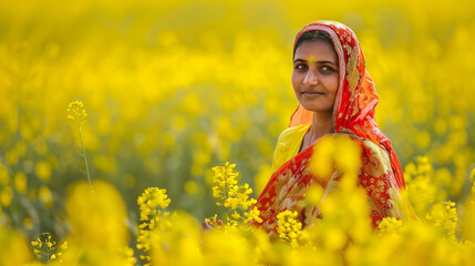 An indian woman farmer in a yellow mustard flower field.