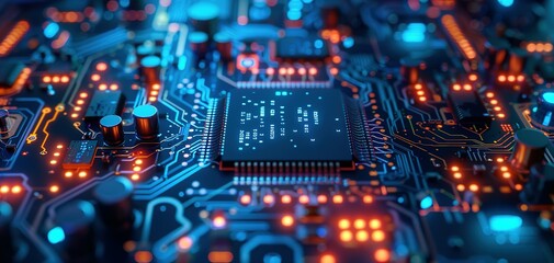 Obraz premium Abstract circuit board with a lot of micro chips.3d illustration computer processor circuit board for server.